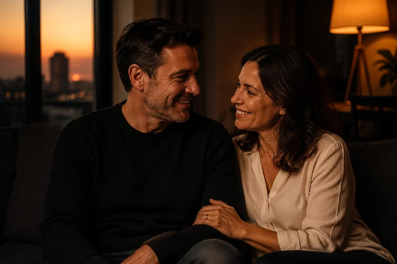 An adult couple sharing a relaxed moment together on a sofa