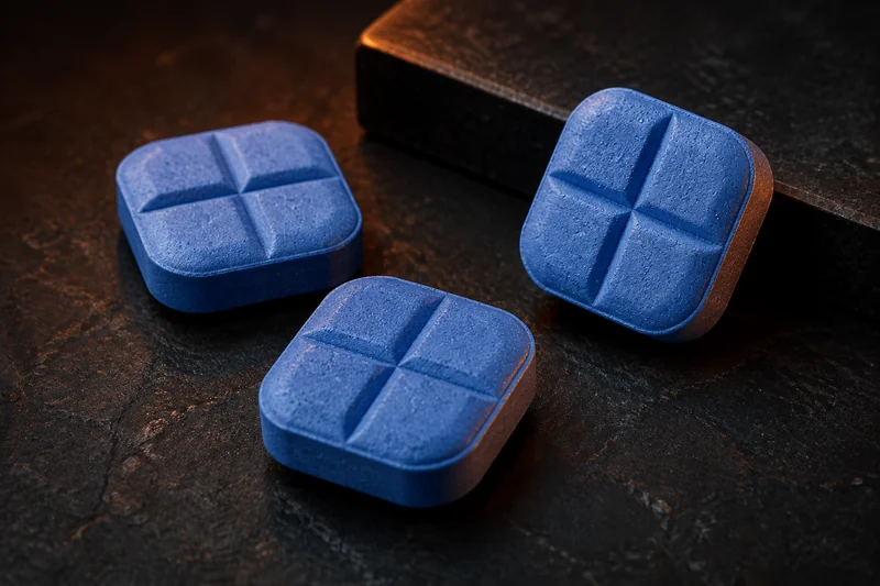 Three blue, rounded-square tablets with cross-shaped scores on a dark stone surface
