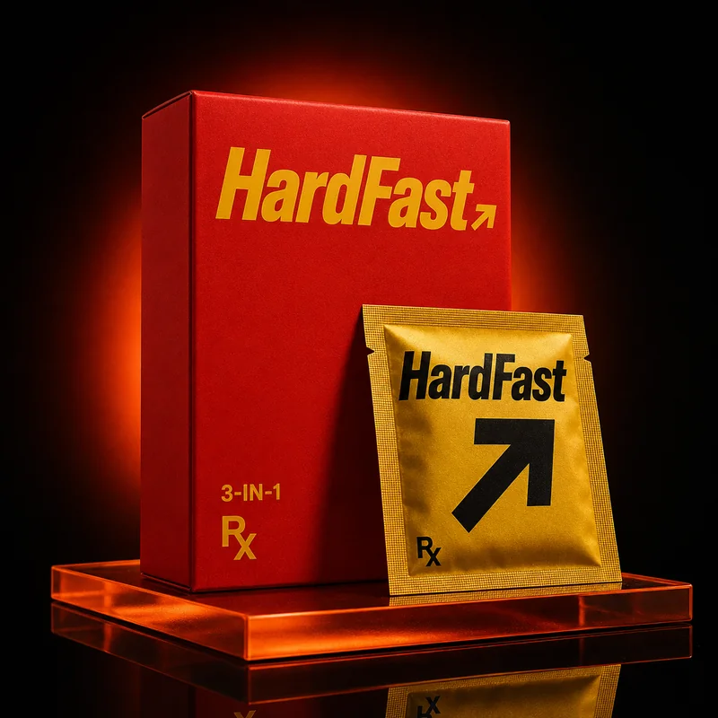 HardFast red carton and gold sachet on an orange glass platform